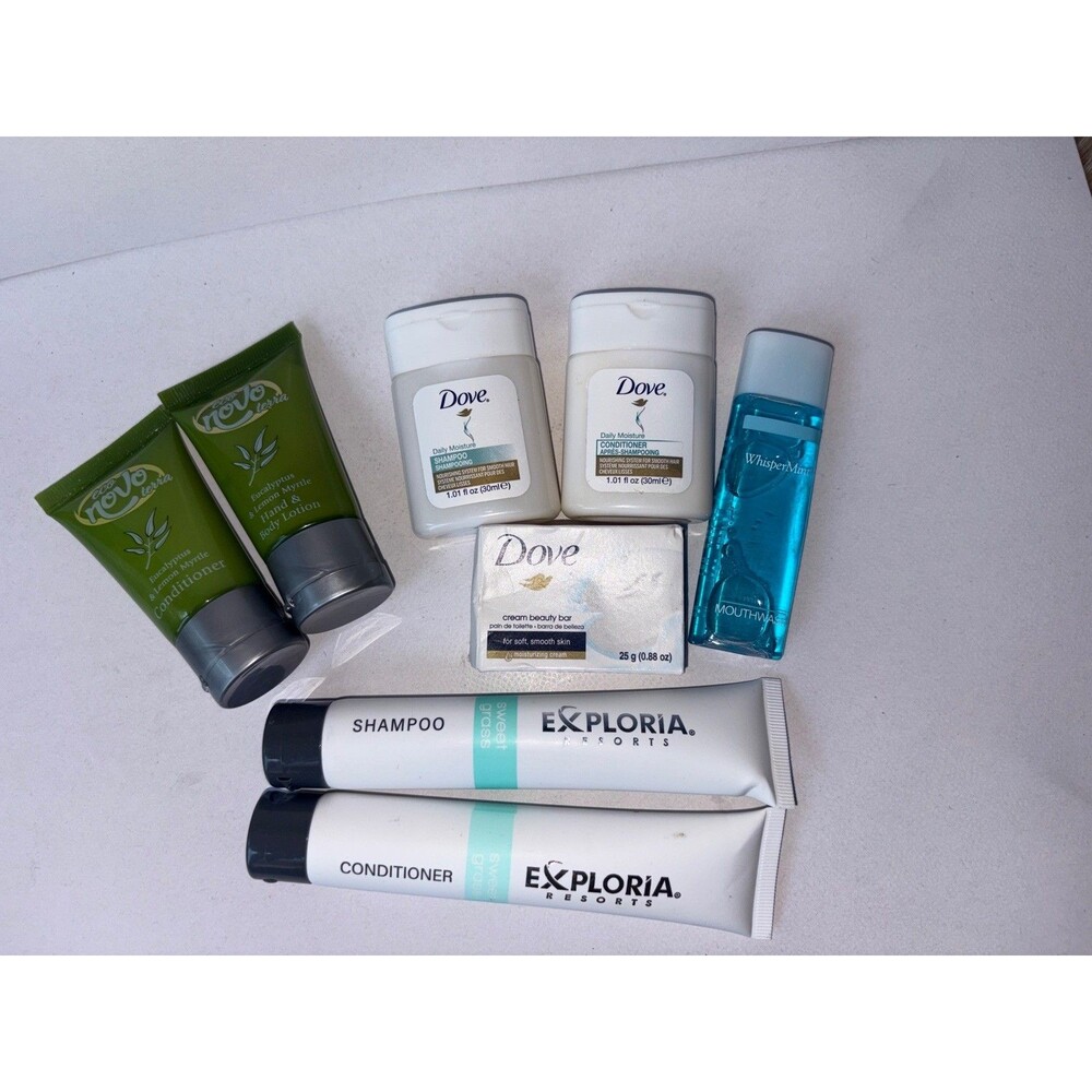 Hotel Travel Toiletries Mixed Lot Dove Exploria Eco Botanics WhisperMint 8 Pc